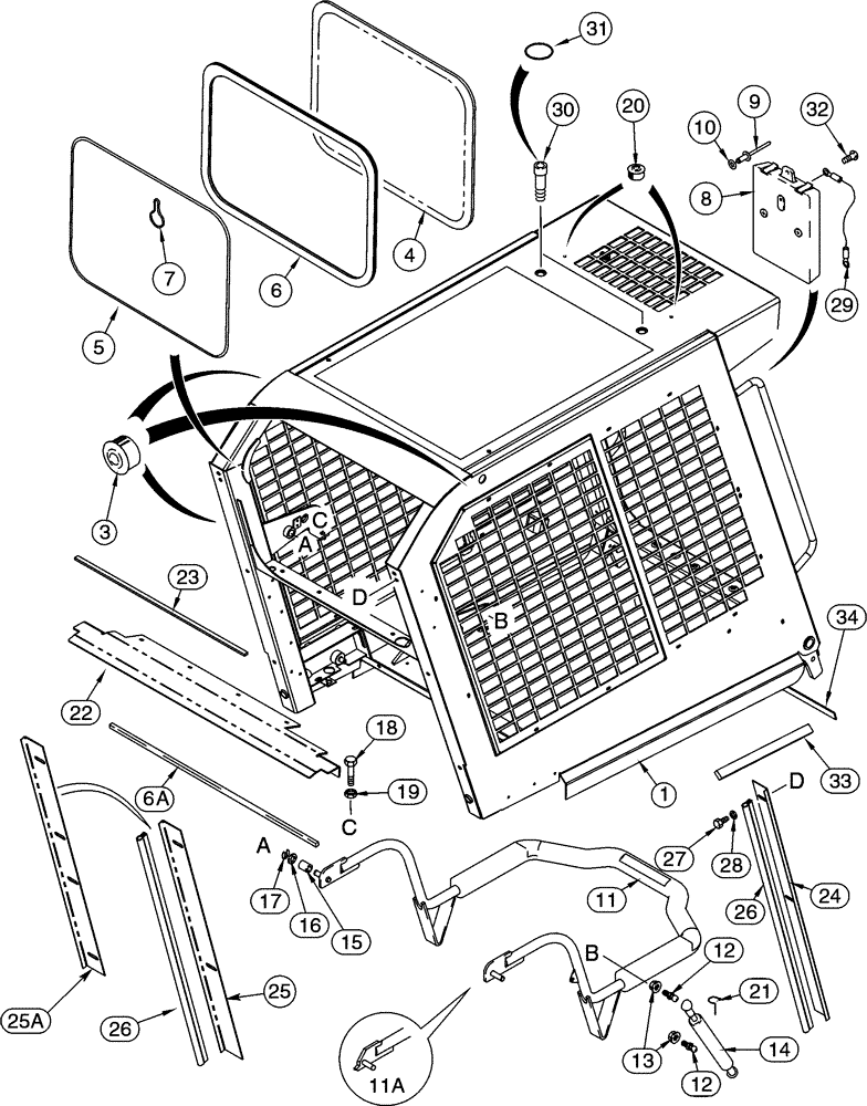 Схема запчастей Case 85XT - (09-35) - CANOPY, ROPS FRAME/SEAT BAR, WITH DELUXE HEATER/ AIR COND., N. AMER. -JAF0319222, EURO. -JAF0352674 (09) - CHASSIS