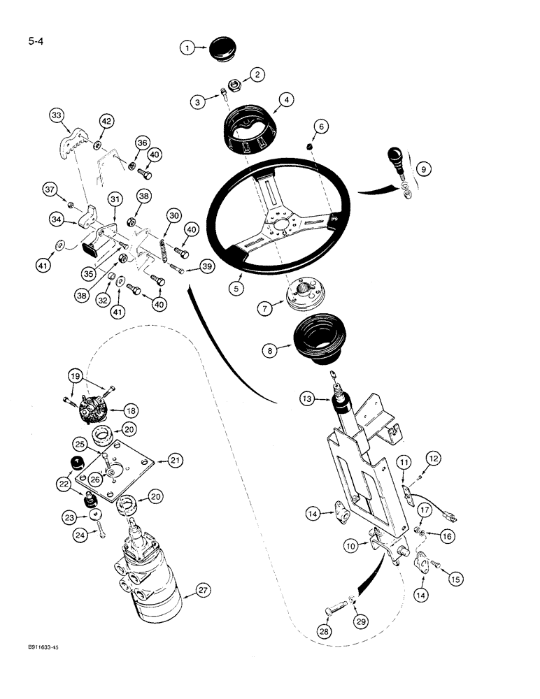 Схема запчастей Case 621 - (5-04) - STEERING WHEEL AND COLUMN, INCLUDES TILT LATCH, P.I.N. JAK0027512 AND AFTER (05) - STEERING