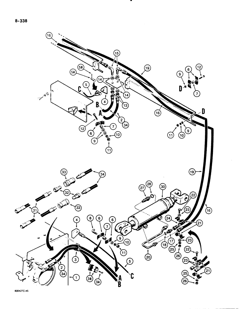 Схема запчастей Case 1455B - (8-338) - OPTIONAL DZER TILT HYD CIRT FOR MECHANICAL ANGLE DZER SHROUD TO CYL MODELS W/HOSES ON BACK OF BLADE (08) - HYDRAULICS