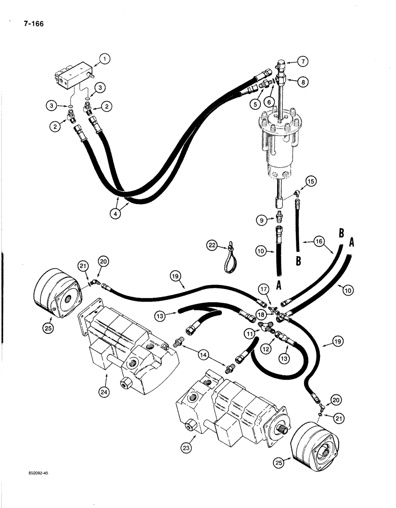 Схема запчастей Case 1080B - (7-166) - DRIVE RANGE AND BRAKE HYDRAULIC LINES, PRIOR TO P.I.N. 6271846 (07) - BRAKES