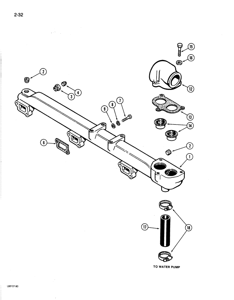 Схема запчастей Case 1080B - (2-32) - WATER MANIFOLD AND THERMOSTAT, 504BDT ENGINE (02) - ENGINE