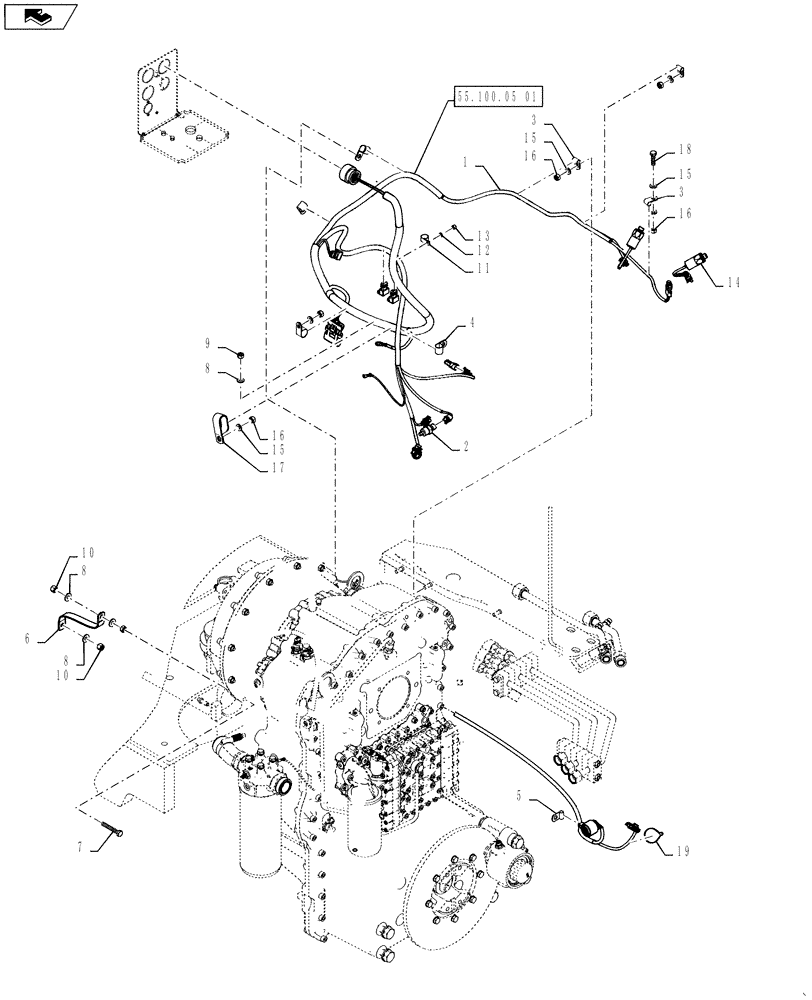 Схема запчастей Case 621F - (55.100.05) - TRANSMISSION HARNESS INSTALLATION, XT/TC (55) - ELECTRICAL SYSTEMS