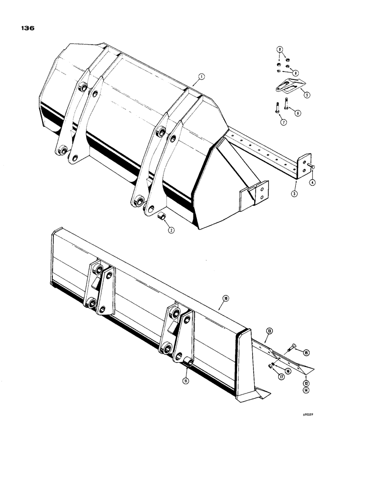 Схема запчастей Case 850 - (136) - LOADER BUCKET AND DOZING BLADE, 1-1/2 CUBIC YARD BUCKET ( MACHINERY ITEM) (05) - UPPERSTRUCTURE CHASSIS