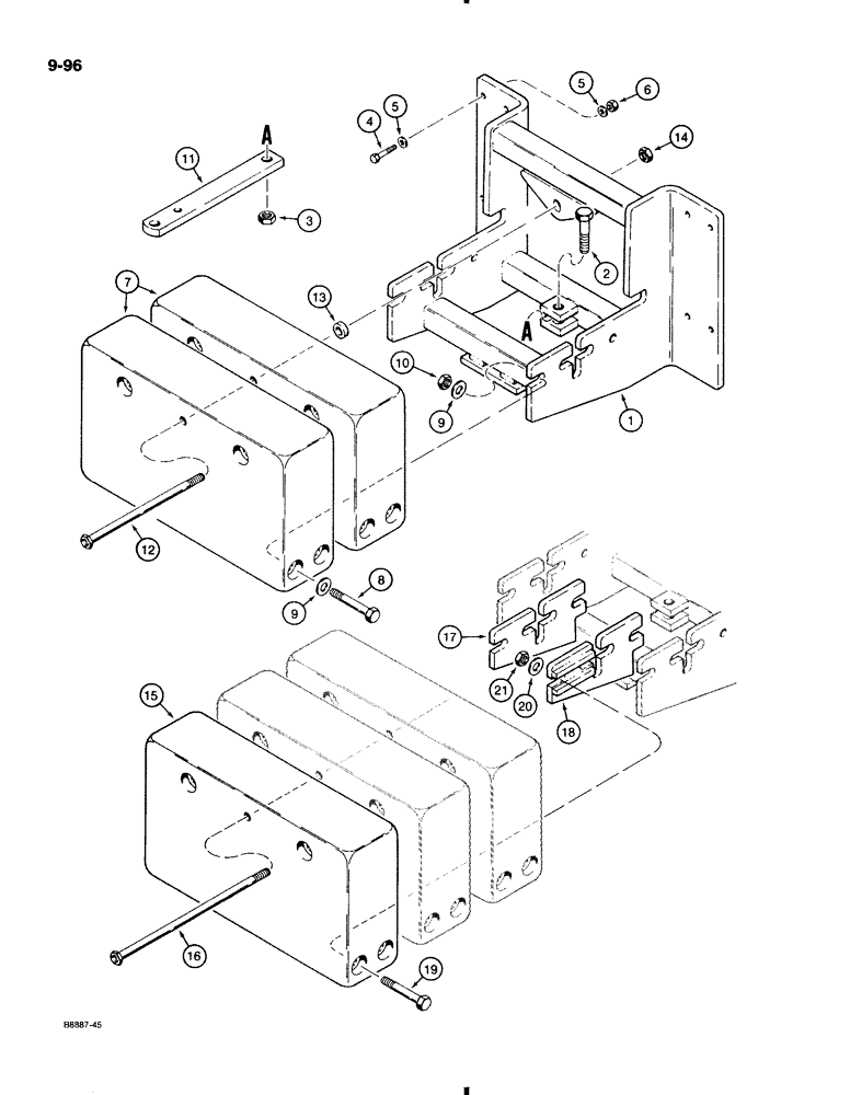 Схема запчастей Case 580K - (9-096) - REAR COUNTERWEIGHT AND DRAWBAR, SPECIAL PARTS USED TO MOUNT ADDITIONAL 1400 POUND REAR COUNTERWEIGHT (09) - CHASSIS/ATTACHMENTS