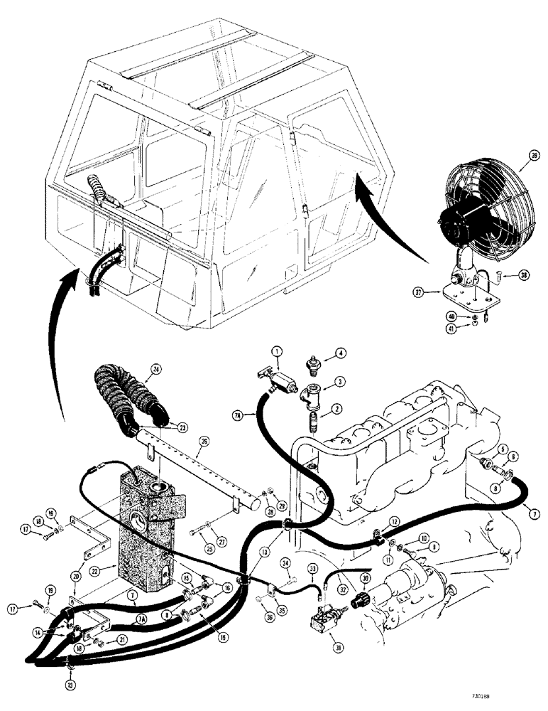 Схема запчастей Case 780 - (586) - CAB HEATER AND DEFROSTER, TRACTOR SN. 5500550 AND AFT, USED ON MODELS W/ TWIN BACKHOE CONTROL TWR (09) - CHASSIS/ATTACHMENTS