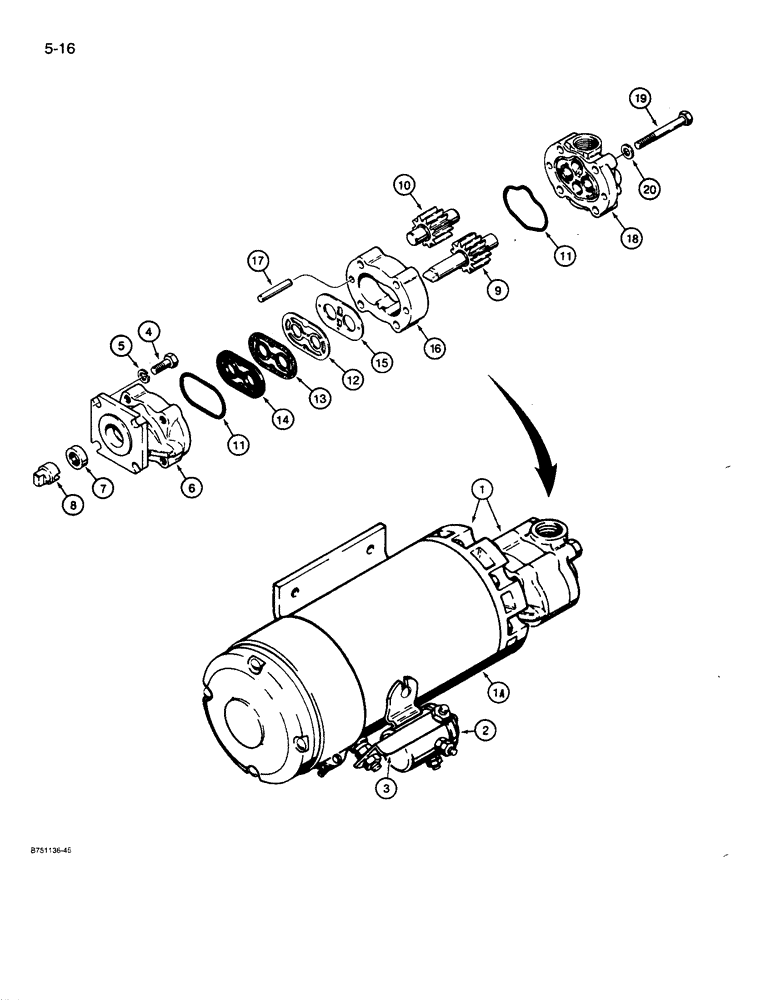 Схема запчастей Case 621 - (5-16) - AUXILIARY STEERING PUMP AND MOTOR ASSEMBLY (05) - STEERING