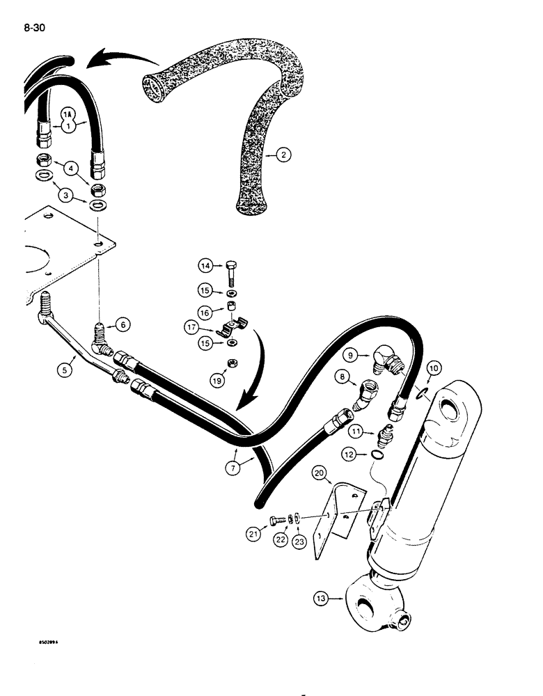 Схема запчастей Case 850D - (8-030) - DOZER TILT HYDRAULIC CIRCUIT, GRILLE TO CYLINDER (08) - HYDRAULICS