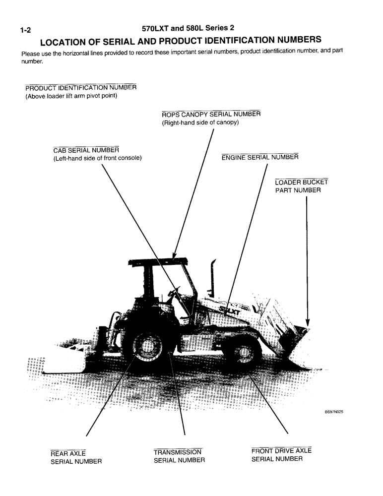 Схема запчастей Case 570LXT - (1-02) - LOCATION OF SERIAL AND PRODUCT IDENTIFICATION NUMBERS (00) - PICTORIAL INDEX