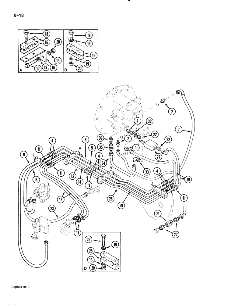 Схема запчастей Case 888 - (8-018) - HYDRAULIC PUMP LINES, PUMP TO SWING VALVE, SOLENOID VALVE AND SWIVEL, P.I.N. FROM 15263 TO 15313 (08) - HYDRAULICS