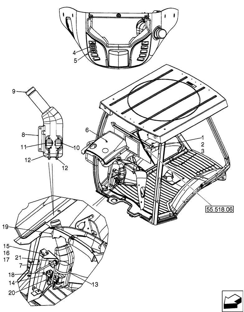 Схема запчастей Case 580SM - (55.518.07) - CANOPY, ROPS - WIPER, FRONT AND WINDSHIELD WASHER (55) - ELECTRICAL SYSTEMS