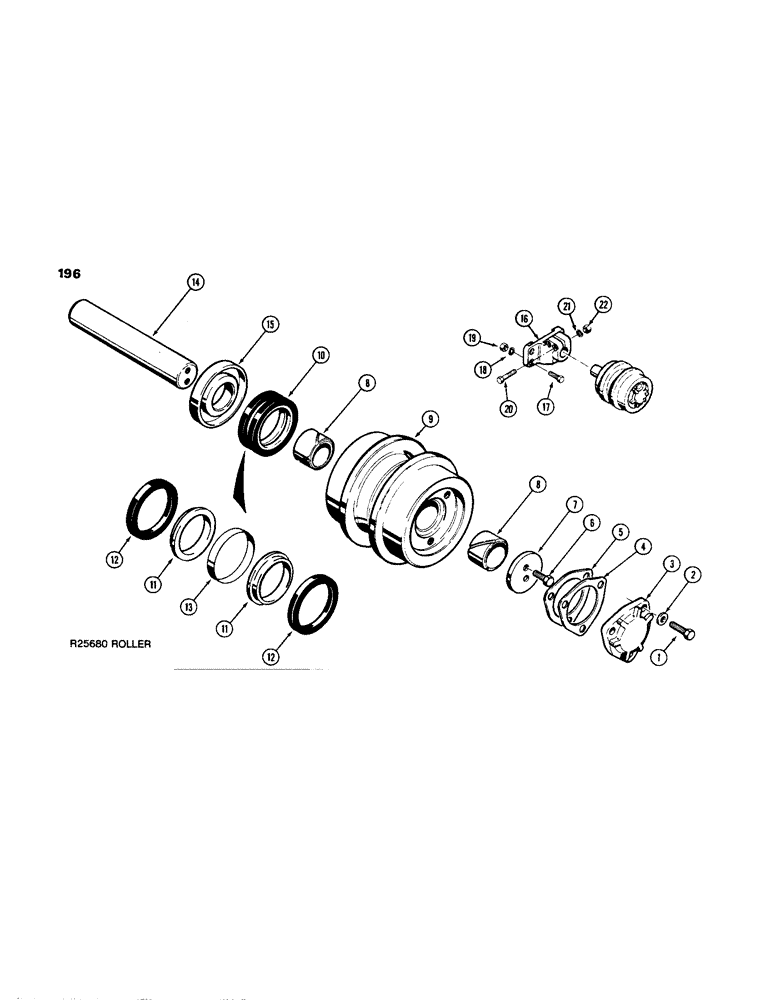Схема запчастей Case 1150B - (196) - R25680 TRACK CARRIER ROLLER, FOR I.D. - SEE ITEM 3 OF ILLUSTRATION (04) - UNDERCARRIAGE