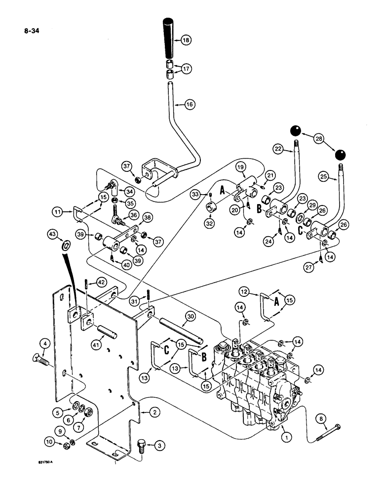 Схема запчастей Case 550 - (8-34) - EQUIPMENT CONTROL VALVE AND LEVERS, THREE CONTROL LEVERS - FOUR SPOOL VALVE (08) - HYDRAULICS