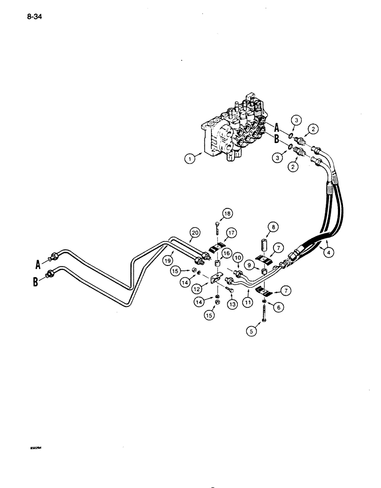 Схема запчастей Case 855D - (8-034) - RIPPER HYDRAULIC CIRCUIT, CONTROL VALVE TO REAR OF TRACTOR (08) - HYDRAULICS