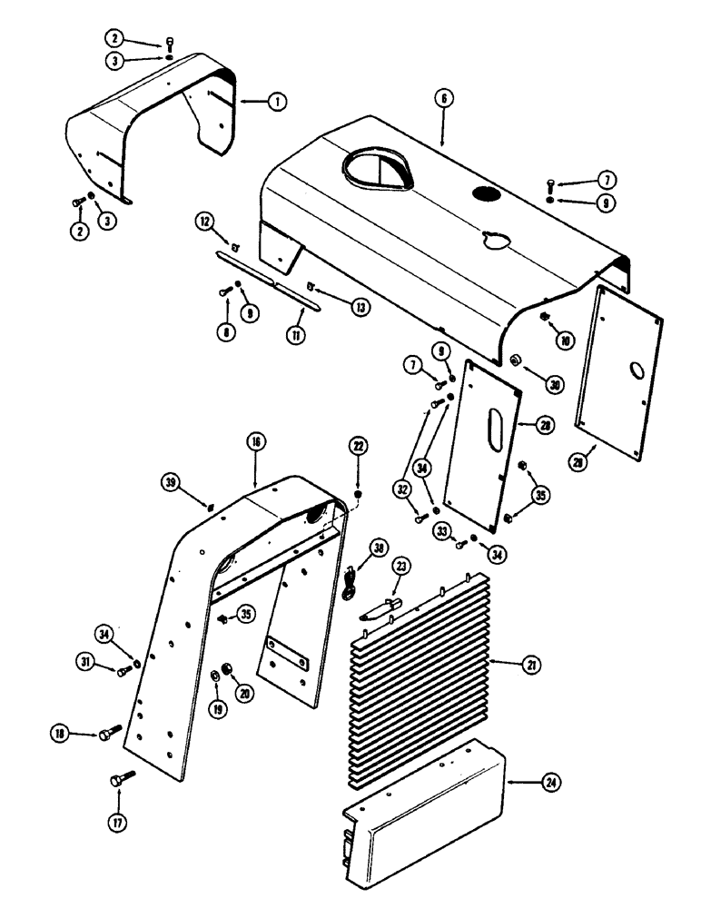 Схема запчастей Case 480CK - (158) - HOOD, GRILLE AND PANELS, WITH POP-OUT TYPE GRILLE 