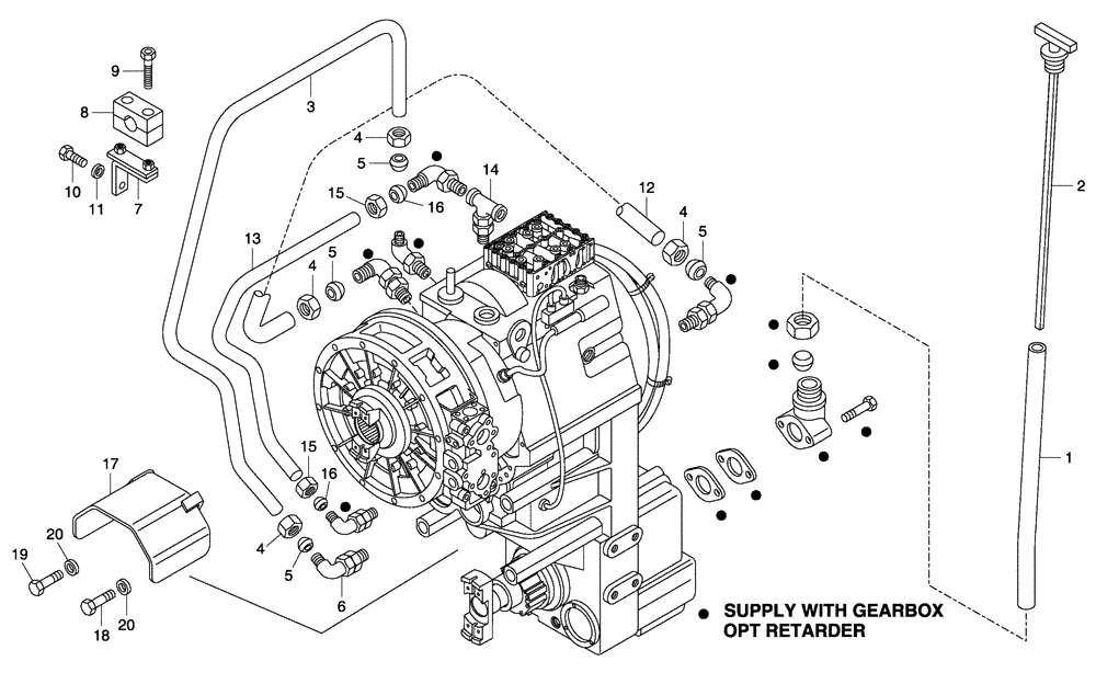 Схема запчастей Case 330 - (16A01010535[01]) - TRANSMISSION - DIPSTICK, TUBE AND SHIELD W RETARDER (87452302) (03) - Converter / Transmission