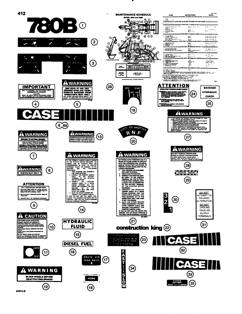 Схема запчастей Case 780B - (412) - DECAL KIT, USED ON MODELS WITH BLACK AND YELLOW COLOR SCHEME (09) - CHASSIS/ATTACHMENTS