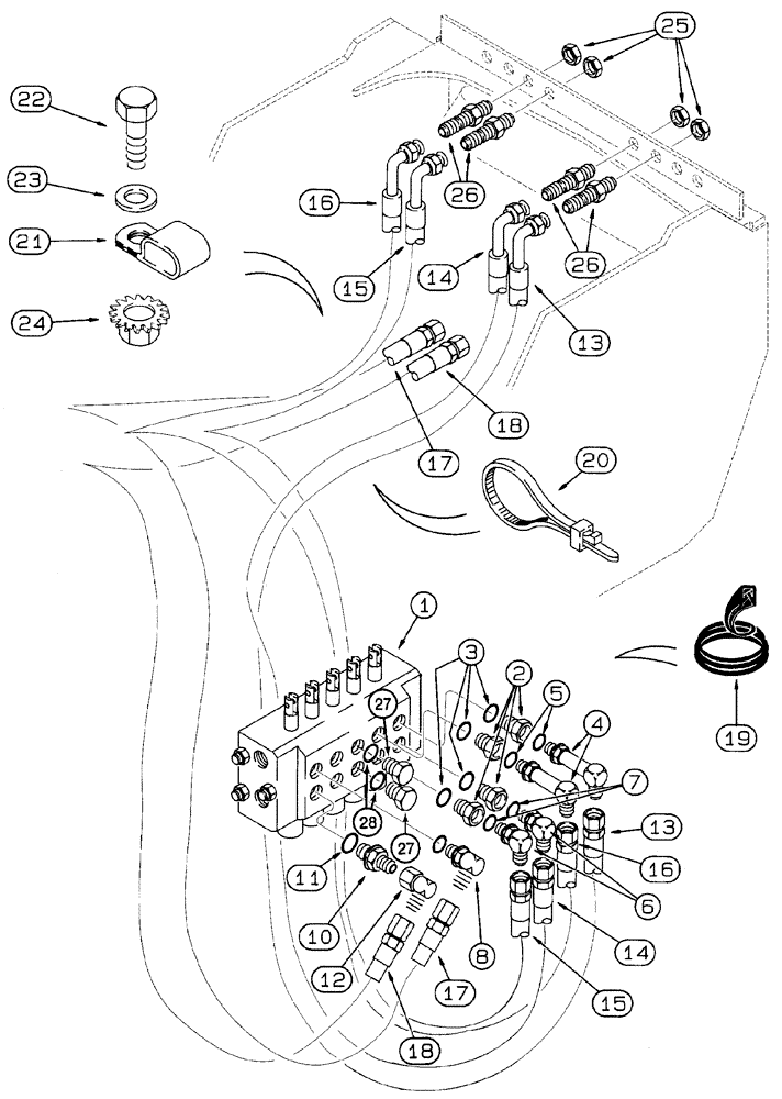 Схема запчастей Case 460 - (8-008) - BASIC HYDRAULIC CIRCUIT, ATTACHMENT CONTROL VALVE TO FRONT BULKHEAD, PLATE FOR BACKFILL HYDRAULICS (08) - HYDRAULICS