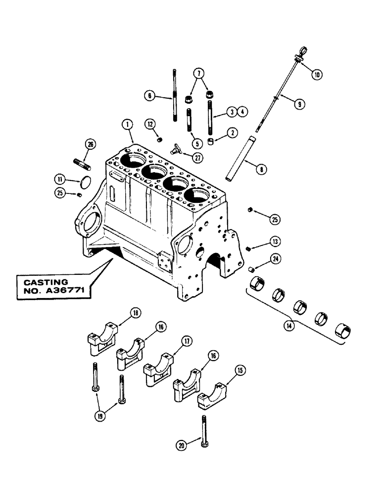 Схема запчастей Case W5A - (028) - CYLINDER BLK ASSY,(188) DIESL ENG,W/NARROW FLNGD SLEEVES,W/BRACKET MTD. OIL FILTER,CASTING # A36771 (02) - ENGINE