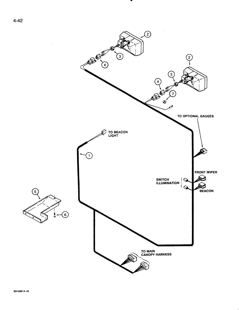 Схема запчастей Case 821 - (4-042) - CANOPY ROOF HARNESS, *P.I.N. JAK0024165 AND AFTER (04) - ELECTRICAL SYSTEMS