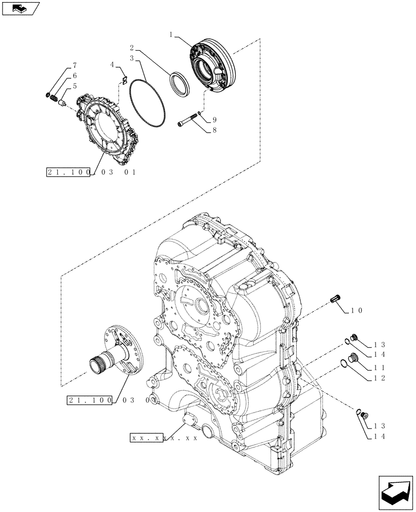 Схема запчастей Case 721F - (21.100.03[01]) - TRANSMISSION 4-SPEED, REGULATOR VALVE AND OIL PUMP (21) - TRANSMISSION