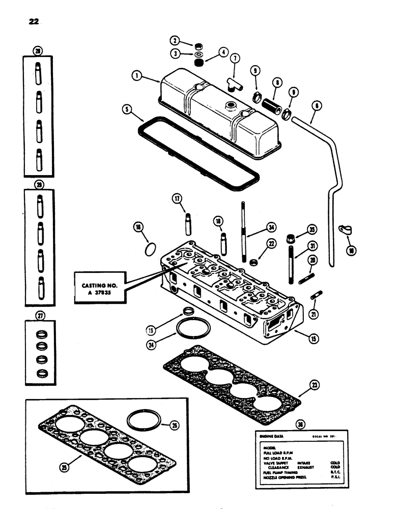 Схема запчастей Case 450 - (022) - CYLINDER HEAD AND COVER, (188) DIESEL ENGINE, W/CYLINDER HEAD STUDS, USED PRIOR TO ENG. S.N. 2711005 (01) - ENGINE