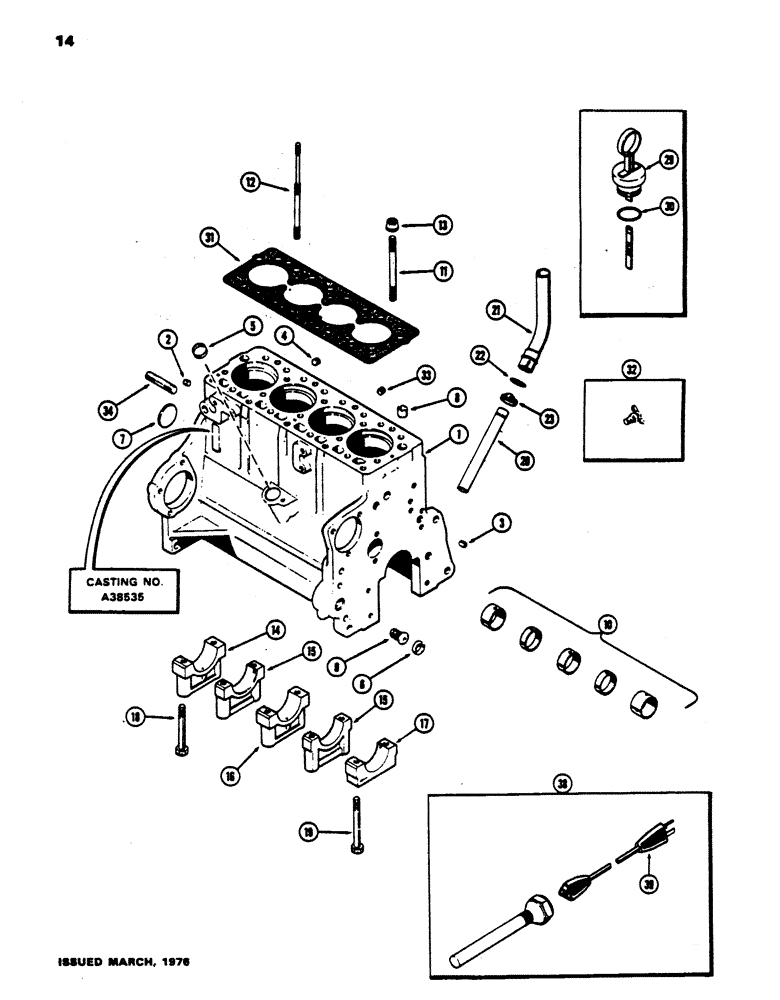 Схема запчастей Case 450 - (014) - CYL. BLOCK ASSY., (188) DIESEL ENG., W/CYL. HEAD STUDS & TACH. DRIVE BOSS (01) - ENGINE