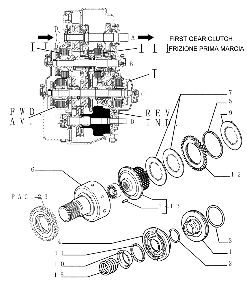 Схема запчастей Case 1850K - (1.211[22]) - TRANSMISSION - FIRST GEAR CLUTCH (29) - HYDROSTATIC DRIVE