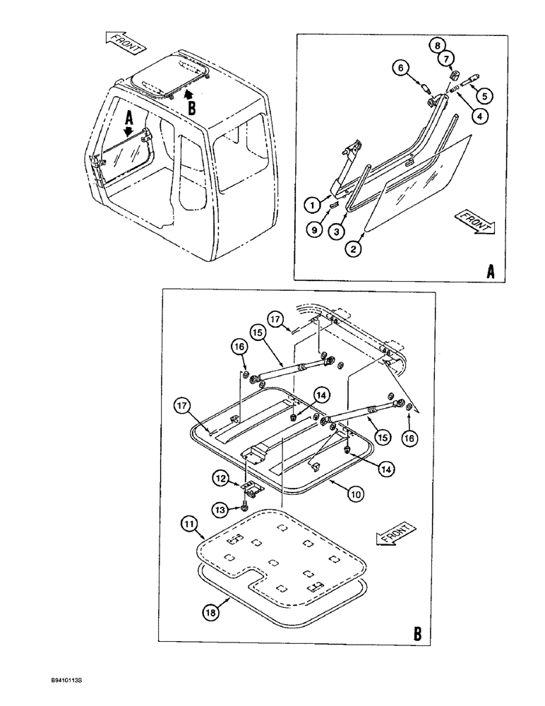 Схема запчастей Case 9045B - (9-062) - LOWER FRONT WINDOW AND ROOF PANEL ASSEMBLY (09) - CHASSIS