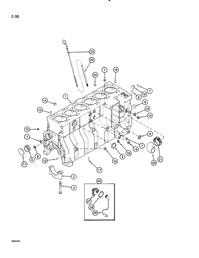 Схема запчастей Case 821 - (2-038) - CYLINDER BLOCK, 6T-830 ENGINE, SIX PISTON COOLING NOZZLES, PRIOR TO ENGINE SERIAL NO 44487830 (02) - ENGINE