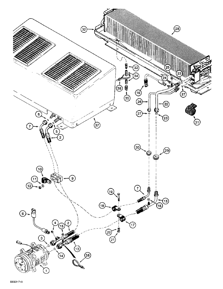 Схема запчастей Case 621B - (9-080) - AIR CONDITIONING SYSTEM, COMPRESSOR TO CONDENSER AND EVAPORATOR CORE, PRIOR TO P.I.N. JEE0040380 (09) - CHASSIS/ATTACHMENTS