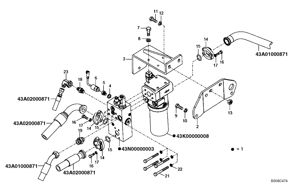 Схема запчастей Case 340B - (43A00020872[001]) - MOUNTING, HOSE / HYDRAULIC STEERING FILTER (SIMPLE MUX P.I.N. HHD0340BN7PG58072 AND AFTER) (87756279) (09) - Implement / Hydraulics / Frame / Brakes