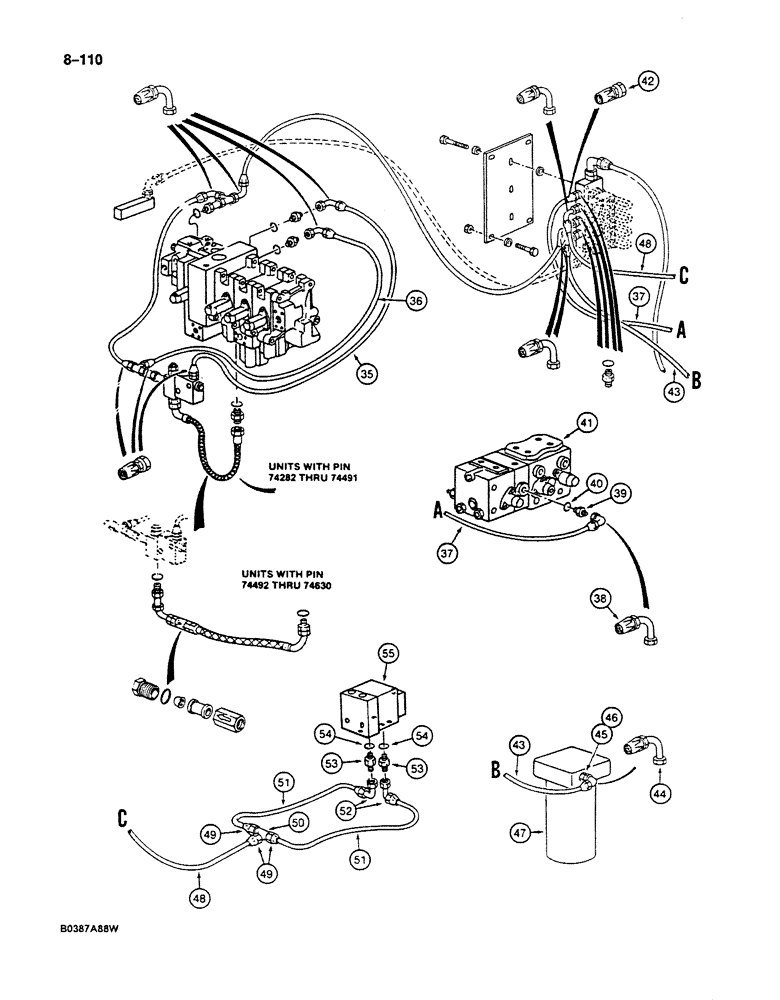 Схема запчастей Case 125B - (8-110) - HYD. CIRCUIT FOR CONTROLS, SOLENOID VALVE TO MAIN CONTROL VALVES & SWIVEL, P.I.N. 74282 THRU 74630 (08) - HYDRAULICS