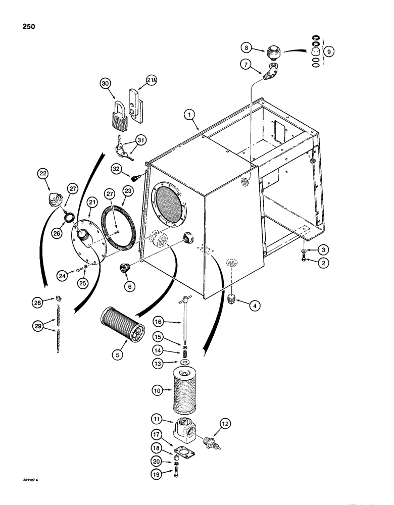 Схема запчастей Case 1150D - (250) - HYDRAULIC RESERVOIR, MODELS WITH HORIZONTALLY-MOUNTED TRANS FILTER (08) - HYDRAULICS