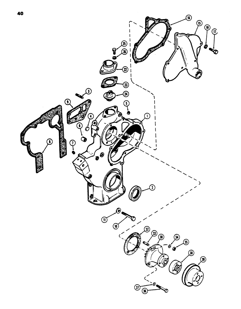 Схема запчастей Case 450 - (040) - TIMING GEAR COVER AND THERMOSTAT, (188) DIESEL ENGINE, USED PRIOR TO ENG. S.N. 2728315 (01) - ENGINE