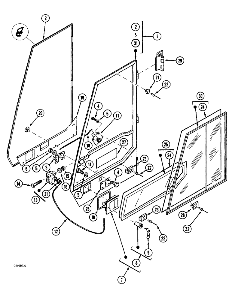 Схема запчастей Case 688BCK - (9E-62) - CAB DOOR - SLIDING WINDOW, 688B CK (120535, 120548, 120566-) (05.1) - UPPERSTRUCTURE CHASSIS/ATTACHMENTS