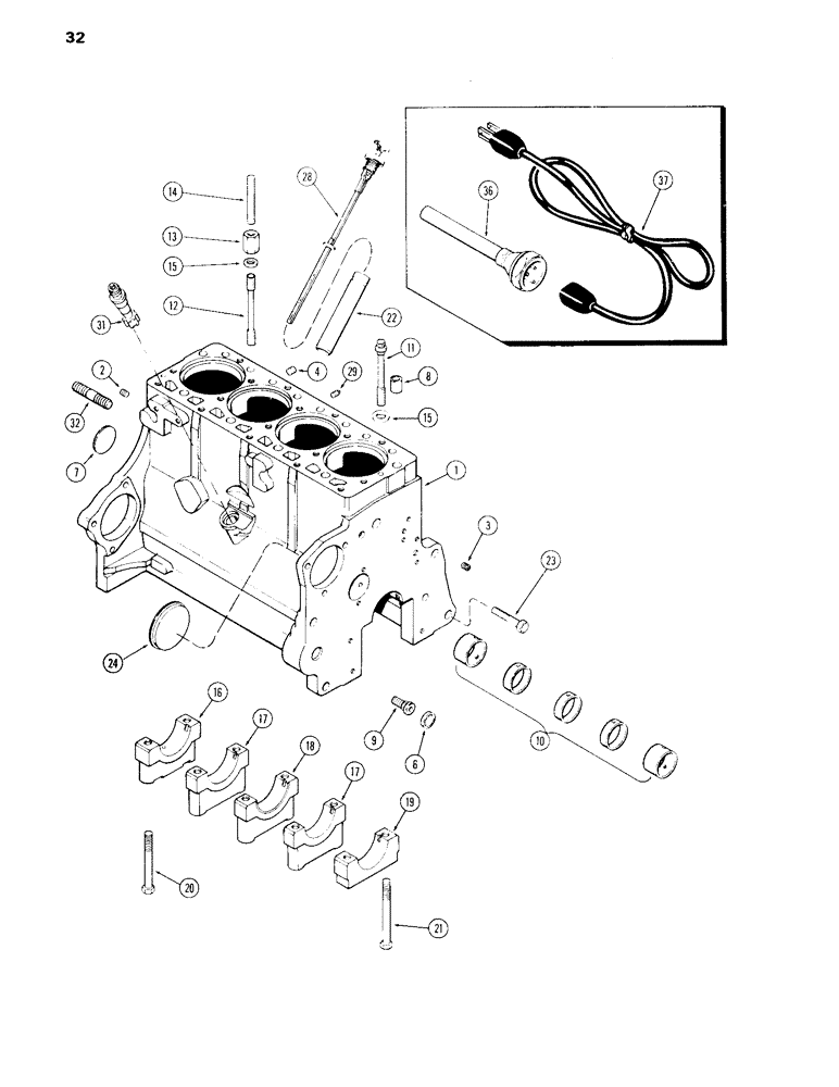 Схема запчастей Case 585C - (032) - CYLINDER BLOCK, 207 DIESEL ENGINE, PRIOR TO ENGINE SERIAL NO 2850355, BLOCK HEATER (10) - ENGINE