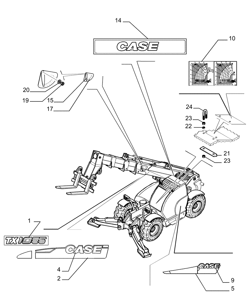 Схема запчастей Case TX1055 - (1.98.2[01]) - TRADE MARKS (90) - PLATFORM, CAB, BODYWORK AND DECALS