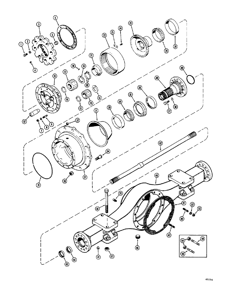 Схема запчастей Case W9B - (166) - A19080 AND L15393 FRONT RIGID AXLES, AXLE HOUSING AND PLANETARY (06) - POWER TRAIN