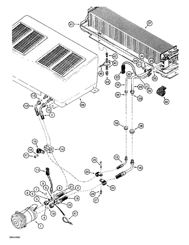 Схема запчастей Case 621B - (9-081C) - AIR CONDITIONING SYSTEM, COMPRESSOR TO CONDENSER AND EVAPORATOR CORE, P.I.N. JEE0040380 AND AFTER (09) - CHASSIS/ATTACHMENTS