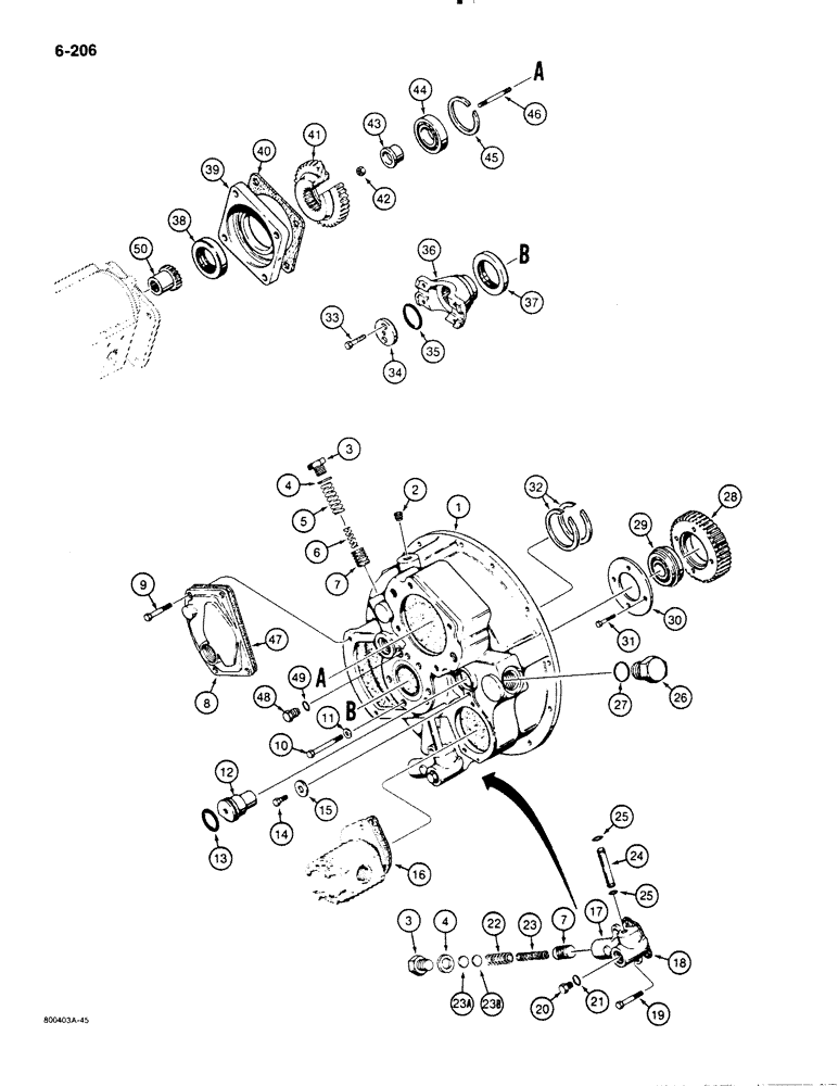 Схема запчастей Case 1455B - (6-206) - TORQUE CONVERTER, HOUSING, COVERS AND GEARS (06) - POWER TRAIN