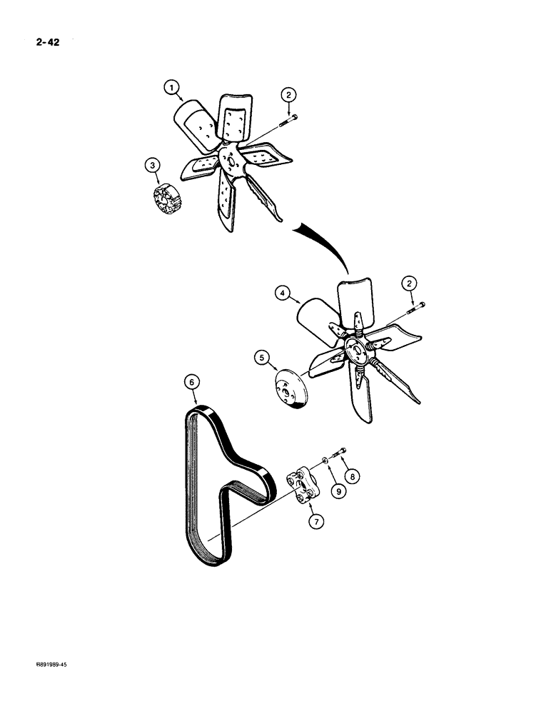 Схема запчастей Case 550 - (2-42) - RADIATOR FAN, BELT, AND MOUNTING (02) - ENGINE