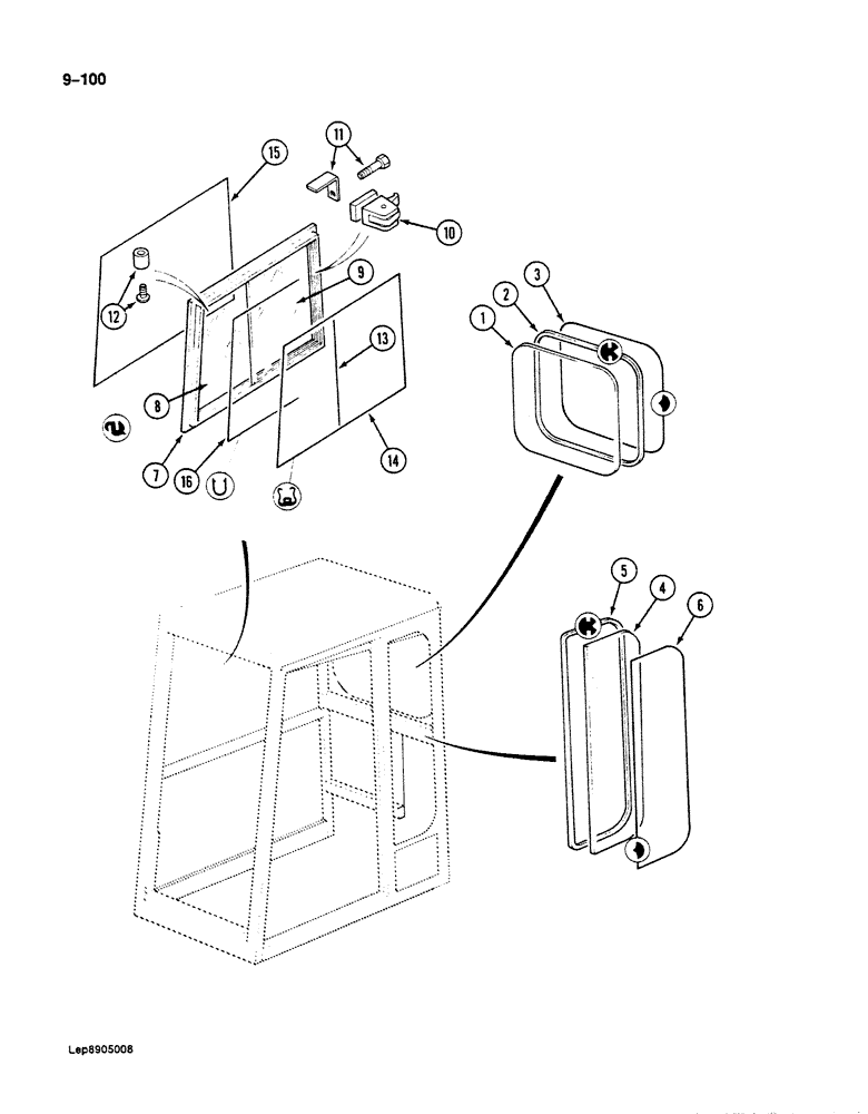 Схема запчастей Case 125B - (9-100) - CAB, CAB GLASS, INSULATION AND SEALS, P.I.N. 21807 THROUGH 21868, 26801 AND AFTER (09) - CHASSIS