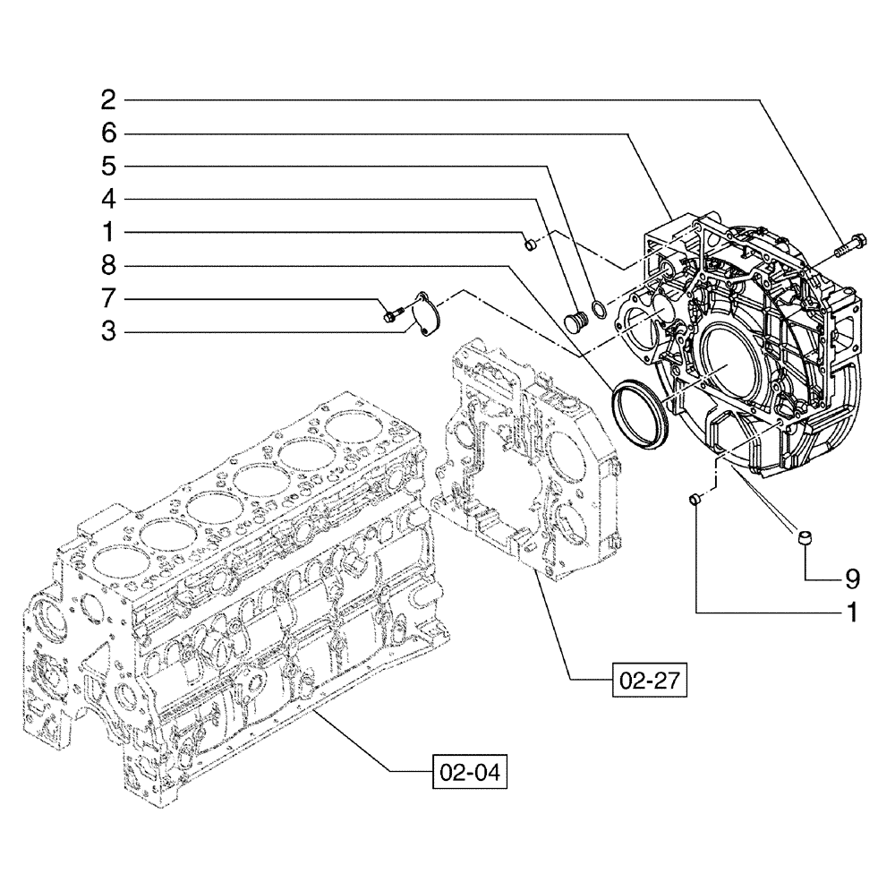 Схема запчастей Case 885B AWD - (02-28[01]) - FLYWHEEL HOUSING (02) - ENGINE