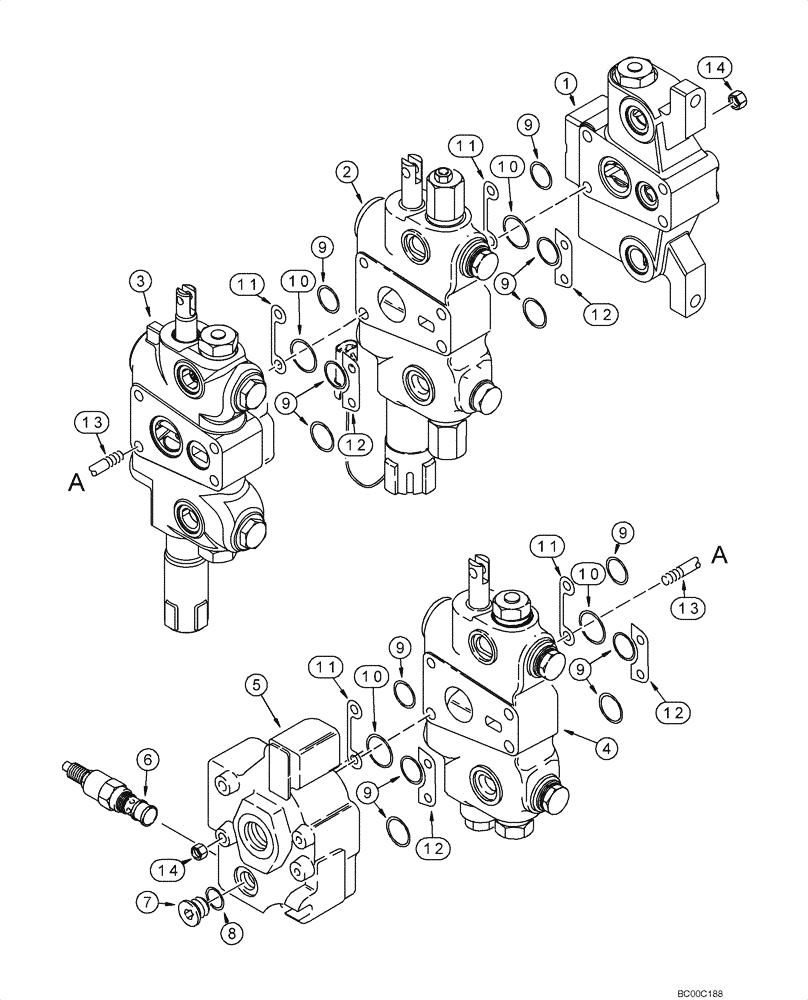 Схема запчастей Case 590SM - (08-28) - VALVE ASSY - LOADER CONTROL, THREE SPOOL (08) - HYDRAULICS