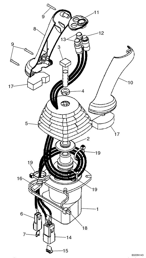 Схема запчастей Case 590SM - (08-56) - VALVE, JOYSTICK (PILOT CONTROLS) (LEFT-HAND) WITH HORN & BI-DIRECTIONAL BUTTONS (08) - HYDRAULICS