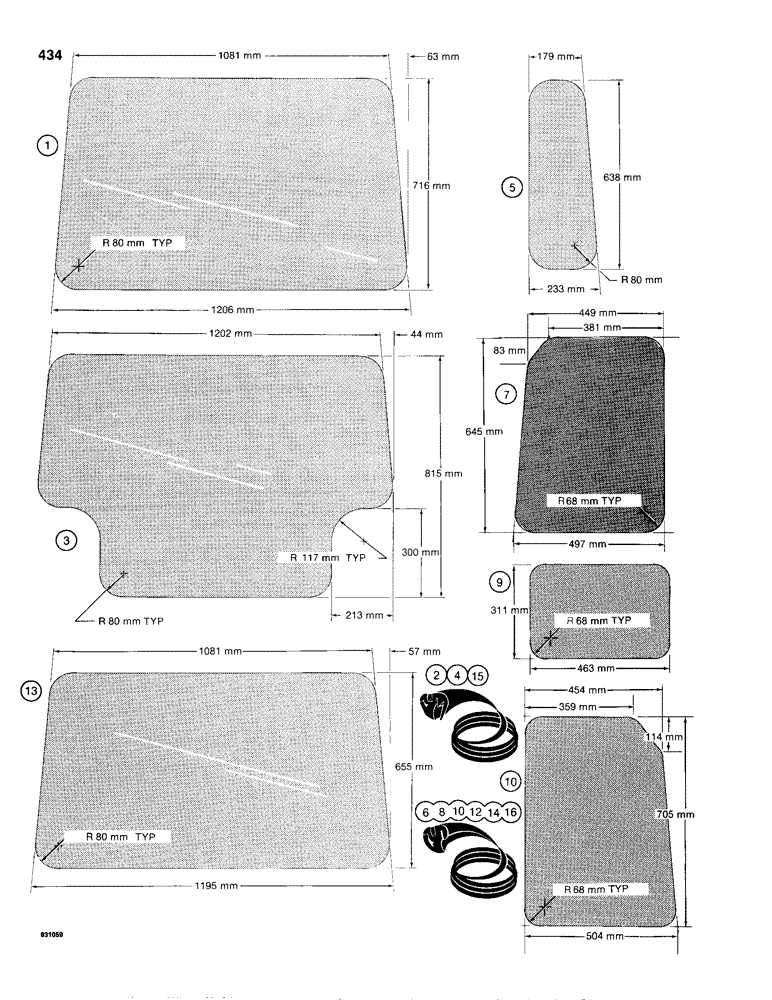 Схема запчастей Case 1150D - (434) - CAB GLASS, METRIC DIMENSIONS (09) - CHASSIS/ATTACHMENTS