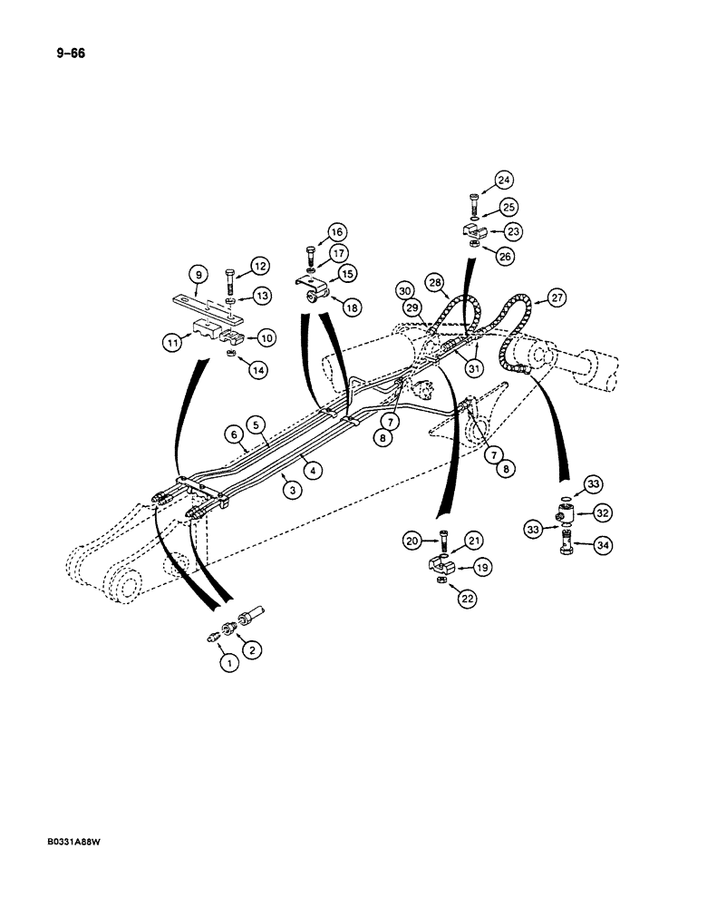 Схема запчастей Case 125B - (9-066) - ARM LUBRICATION LINES, USED ON UNITS WITH 2.5 M ARM, *P.I.N. 74436 THROUGH 74844 (09) - CHASSIS