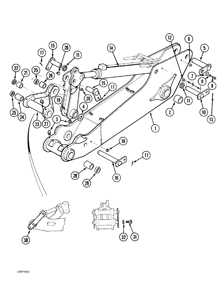 Схема запчастей Case 170C - (9-056) - ARM, LINKS AND MOUNTING PINS, WITH 3.2 METER (10 6 ") ARM, P.I.N. 74501 THRU 74628 (09) - CHASSIS