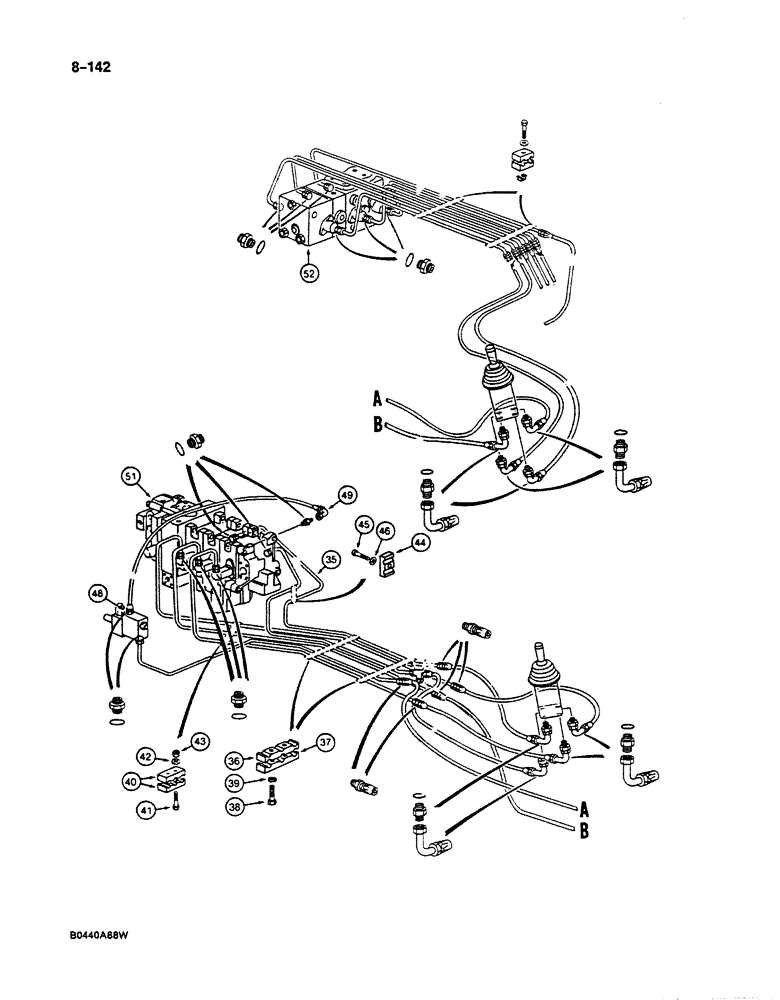 Схема запчастей Case 125B - (8-142) - HYDRAULIC CIRCUIT FOR CONTROLS, TO MAIN CONTROL VALVES, P.I.N. 74845 THRU 74963, 21801 THRU 21806 (08) - HYDRAULICS