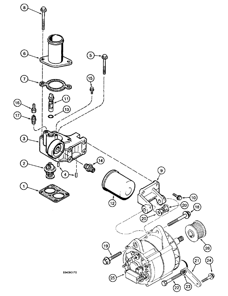 Схема запчастей Case 9040B - (2-52) - THERMOSTAT HOUSING AND ALTERNATOR MOUNTING, 6T-830 ENGINE, PRIOR TO P.I.N. DAC04#2001 (02) - ENGINE